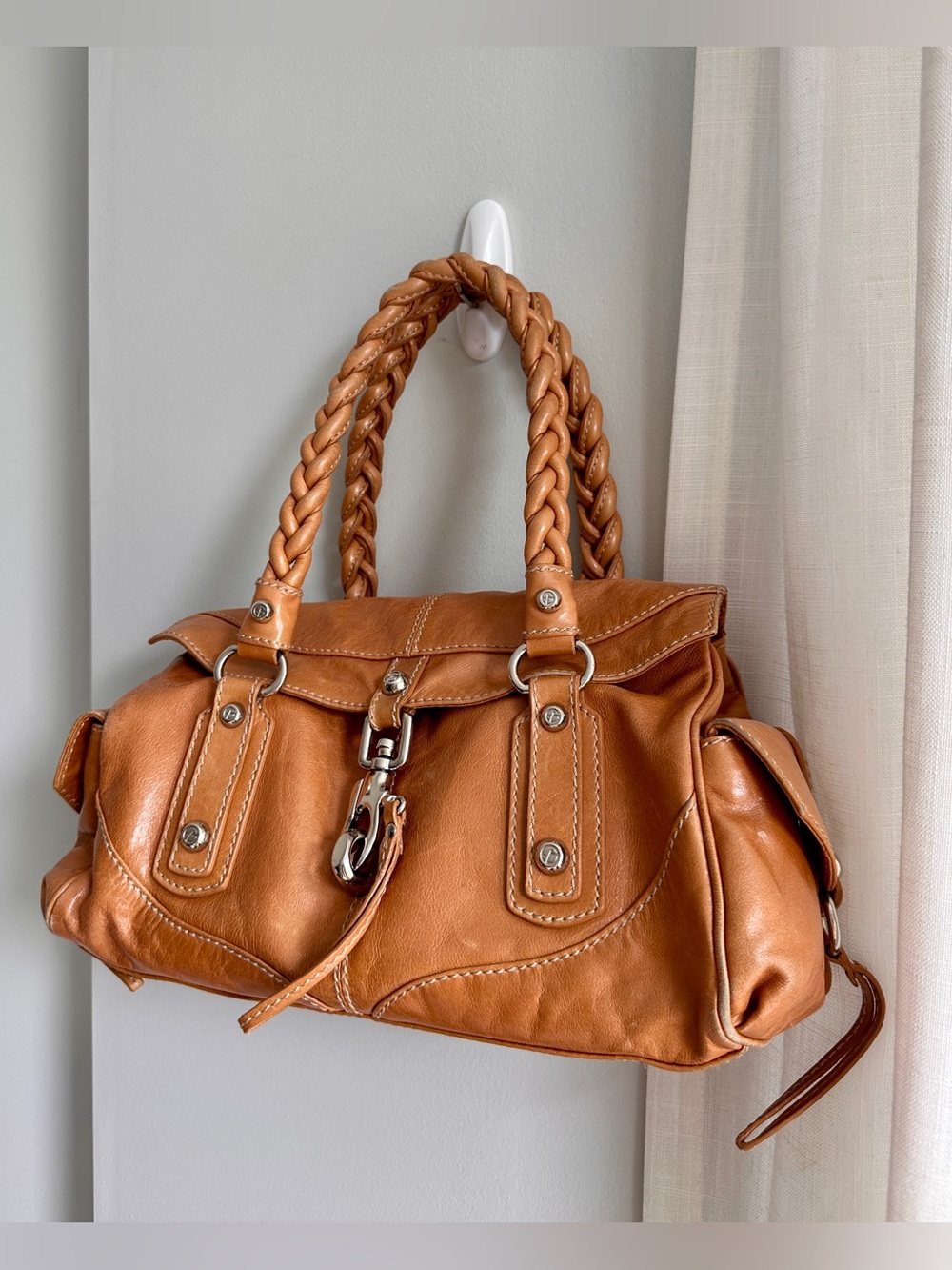 Francesco Biasia Vintage Leather Secret Love Satchel Shoulder Bag Braided Strap